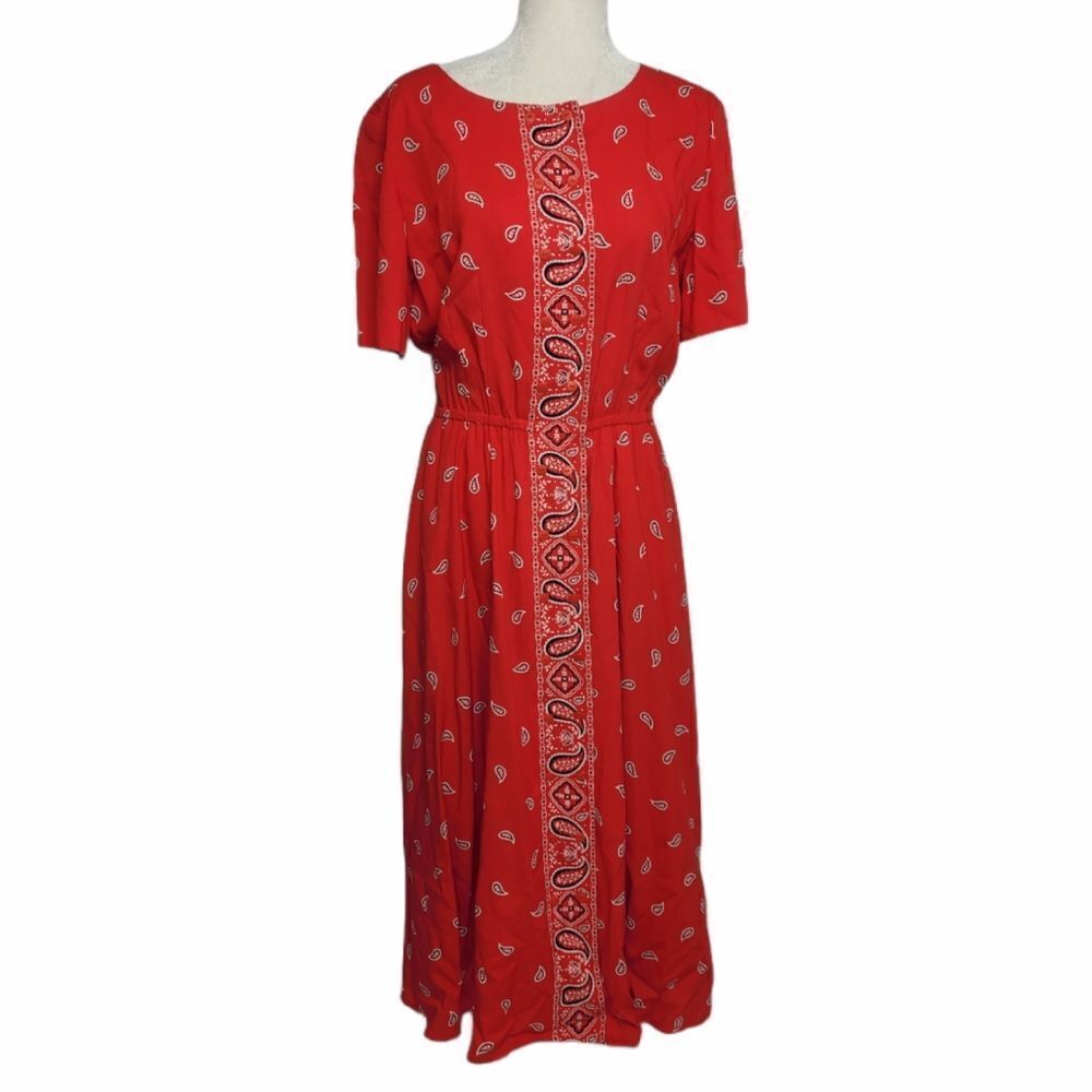VINTAGE 90s dress Liz Claiborne red bandana print southwestern midi M